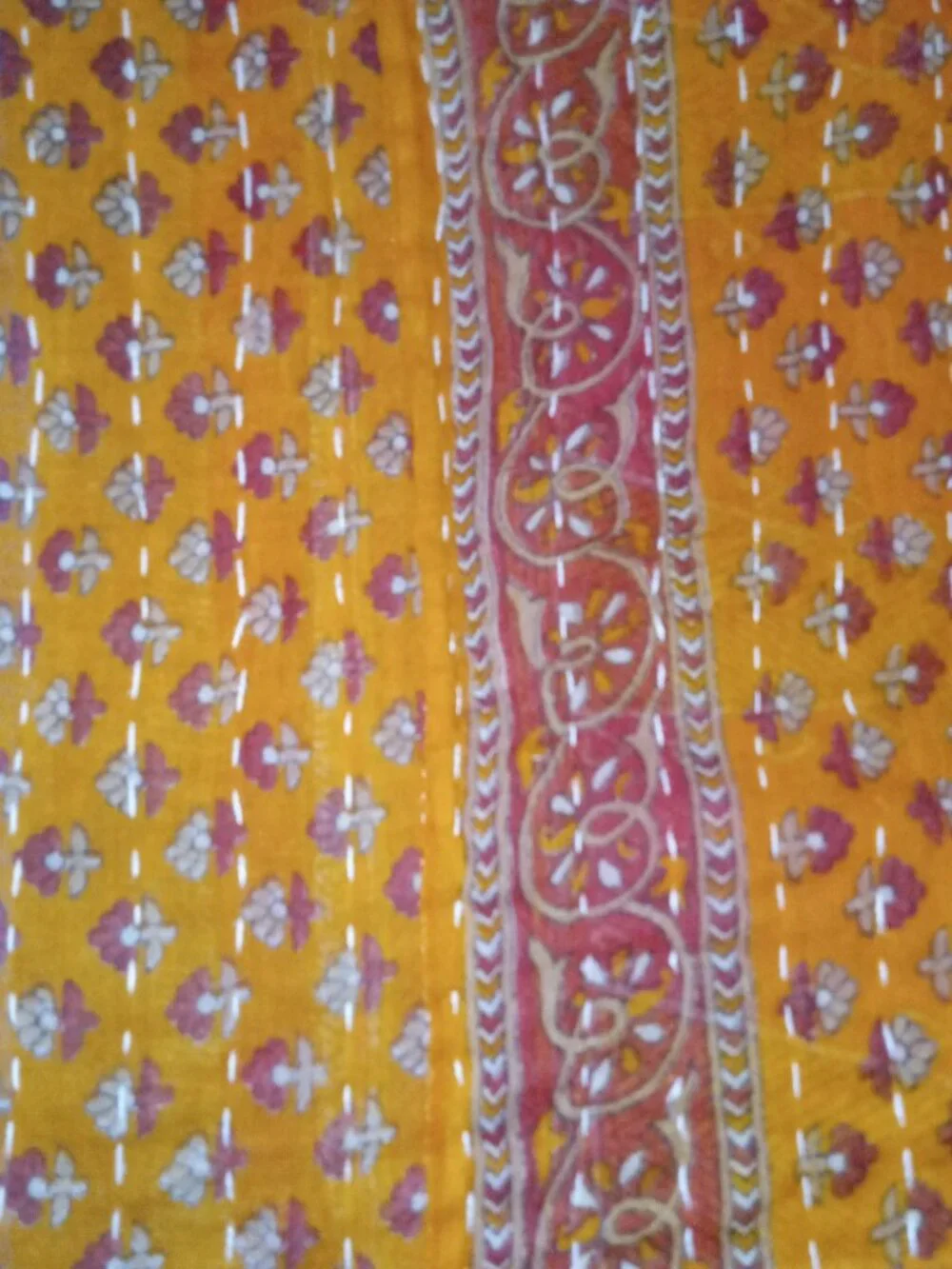 Kantha Quilt Hot Pink Green Premium 3 Layer Cotton Handmade In India K169.